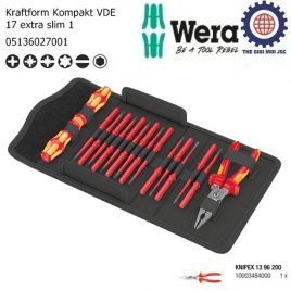 Bộ tua vít cách điện Wera 17 cái Kraftform Kompakt VDE 17 extra slim với kìm cắt điện đa năng của hãng Knipex 13 96 200 – Wera 05136027001