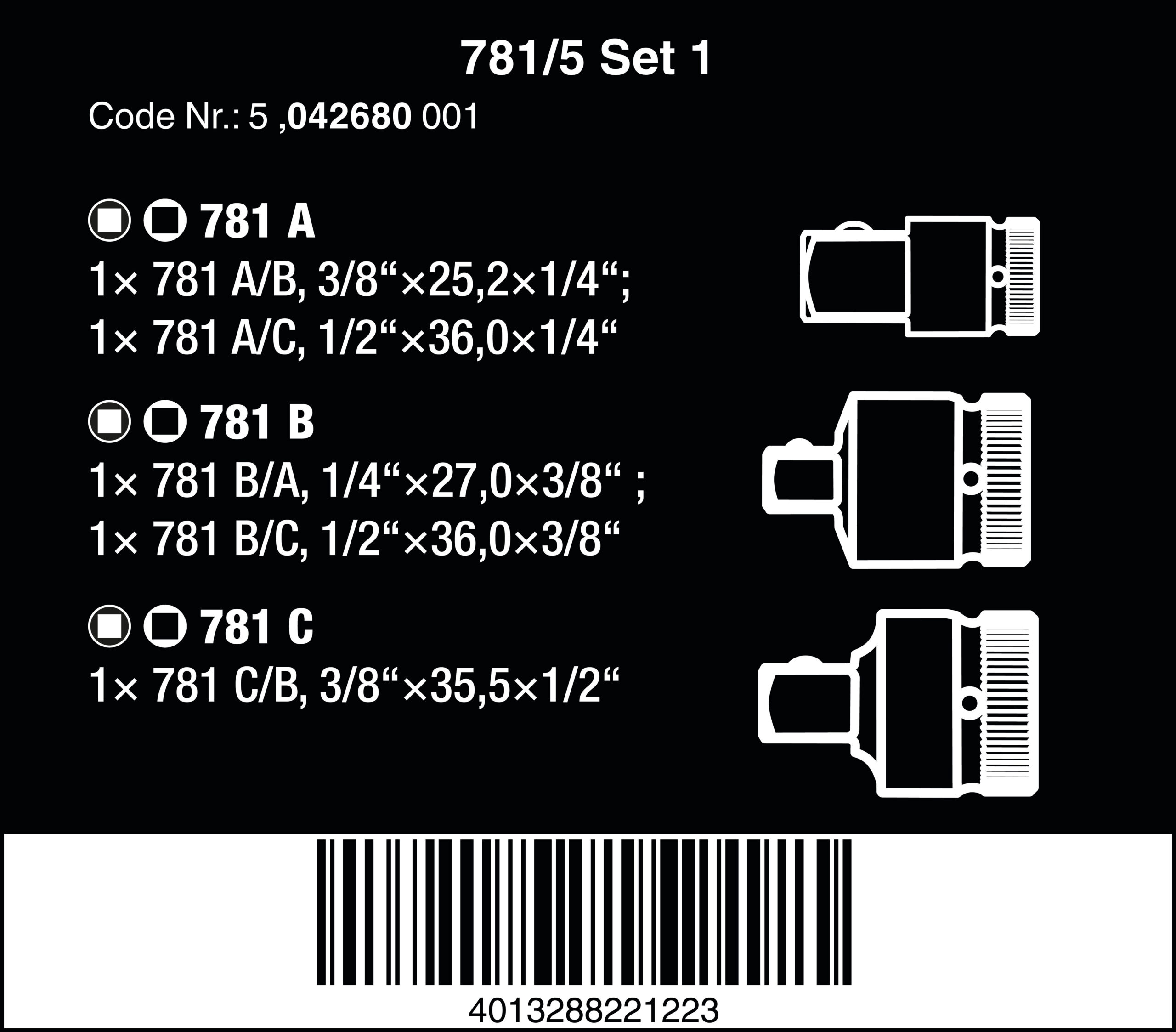 Bộ đầu chuyển 1/4" 1/2" và 3/8" Wera 05042680001 781/5 Set 1 - THE GIOI MOI  JSC